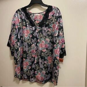 Love Star Womens Floral Sheer Top Blouse XL 46” Black Floral Paisley Sheer NWT